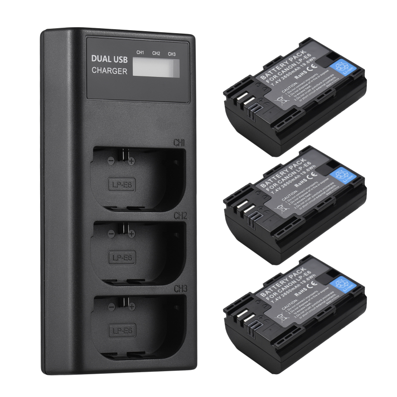Ladegerät Mit 3 Ladeplätzen Lp-e6, Led-anzeigen, Anschlüsse Micro-usb/usb-c, 3 Akkus 7,4 V 2650 Mah (kompatibel Mit Canon Eos)