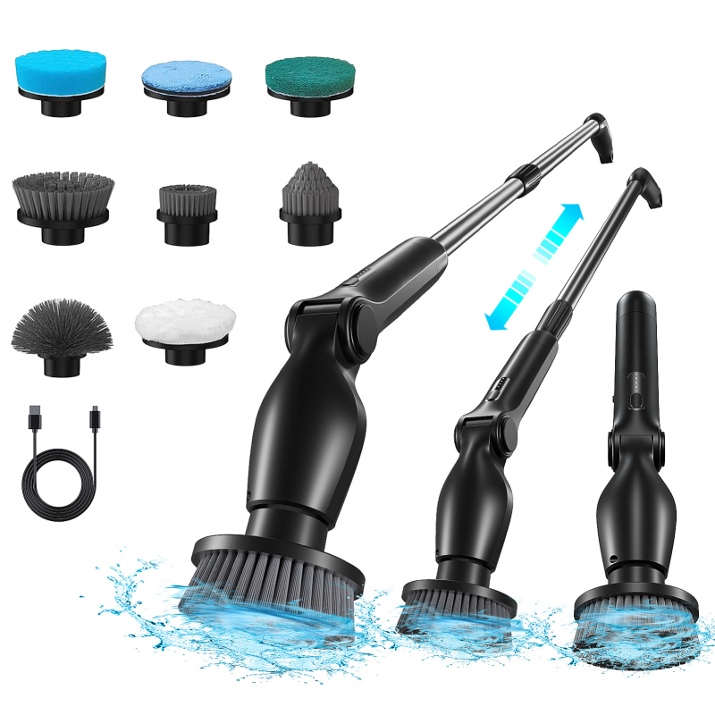9-in-1 Rotierende Elektrische Reinigungsbürste, 9 Aufsätze, Kabellos, Verstellbarer Winkel, Ipx5 Wasserdicht, Led-anzeige (für Dusche, Haushalt, Badezimmer, Küche, Auto)