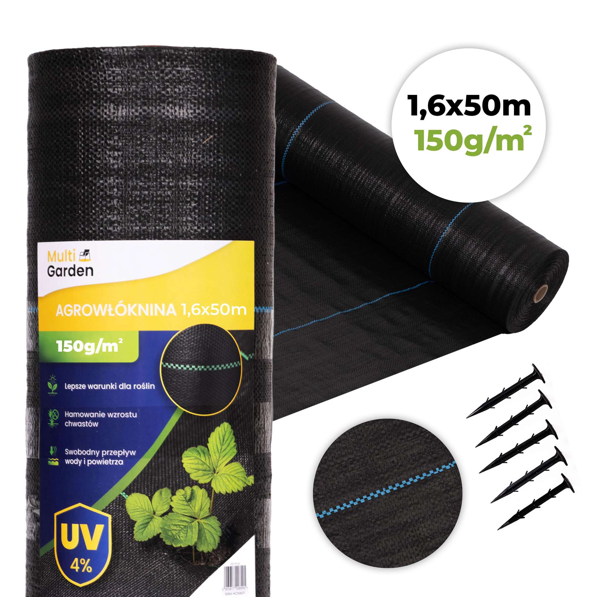 Black Uv-resistant Weed Control Fabric 1.6x50m With Pins