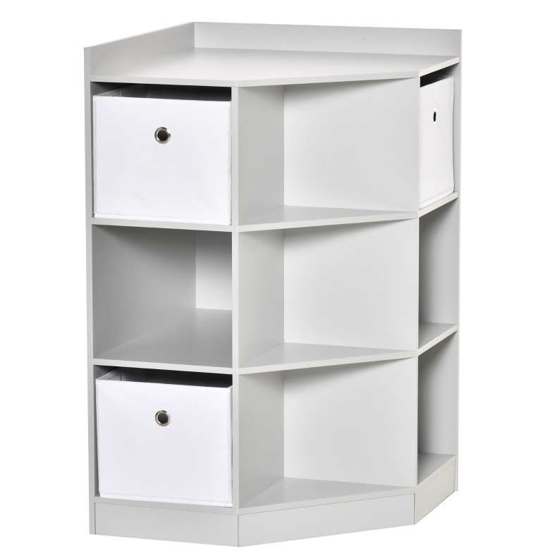 Kinder-eckregal Mit 9 Fächern Und 3 Stoffboxen Aus Mdf, Grau, 57,4 X 57,4 X 94 Cm