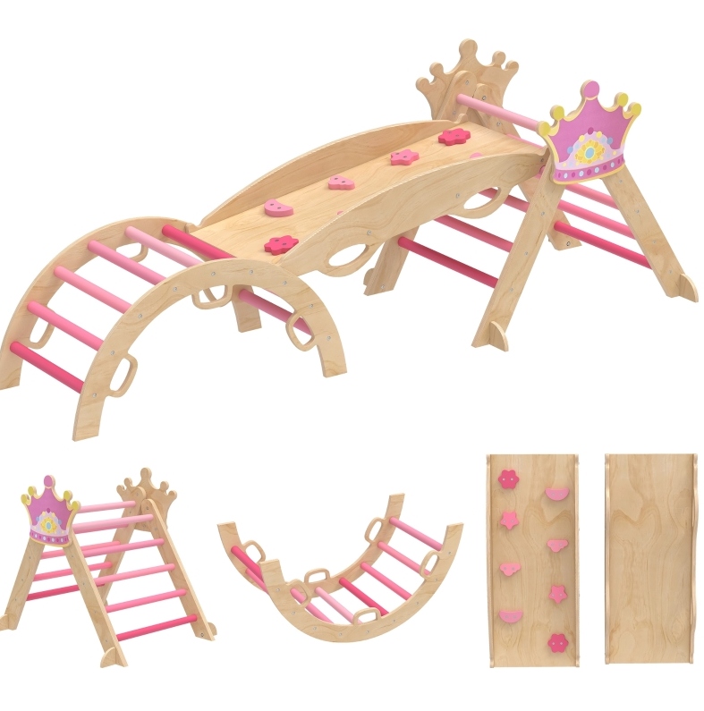 8-in-1 Indoor-klettergerüst Für Kinder Mit Rutsche, Bogen Und Rosa Holzrampe Homvra