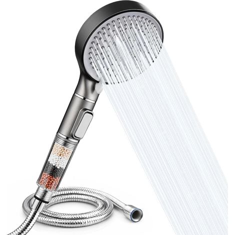 Pommeau De Douche Haute Pression Filtrant Avec Flexible 1,5 M – Douchette Anti Calcaire Avec Filtre Minéral, 5 Modes De Jet, Bouton Stop Eau, Installation Sans Outils, Universel (nickel Brossé)