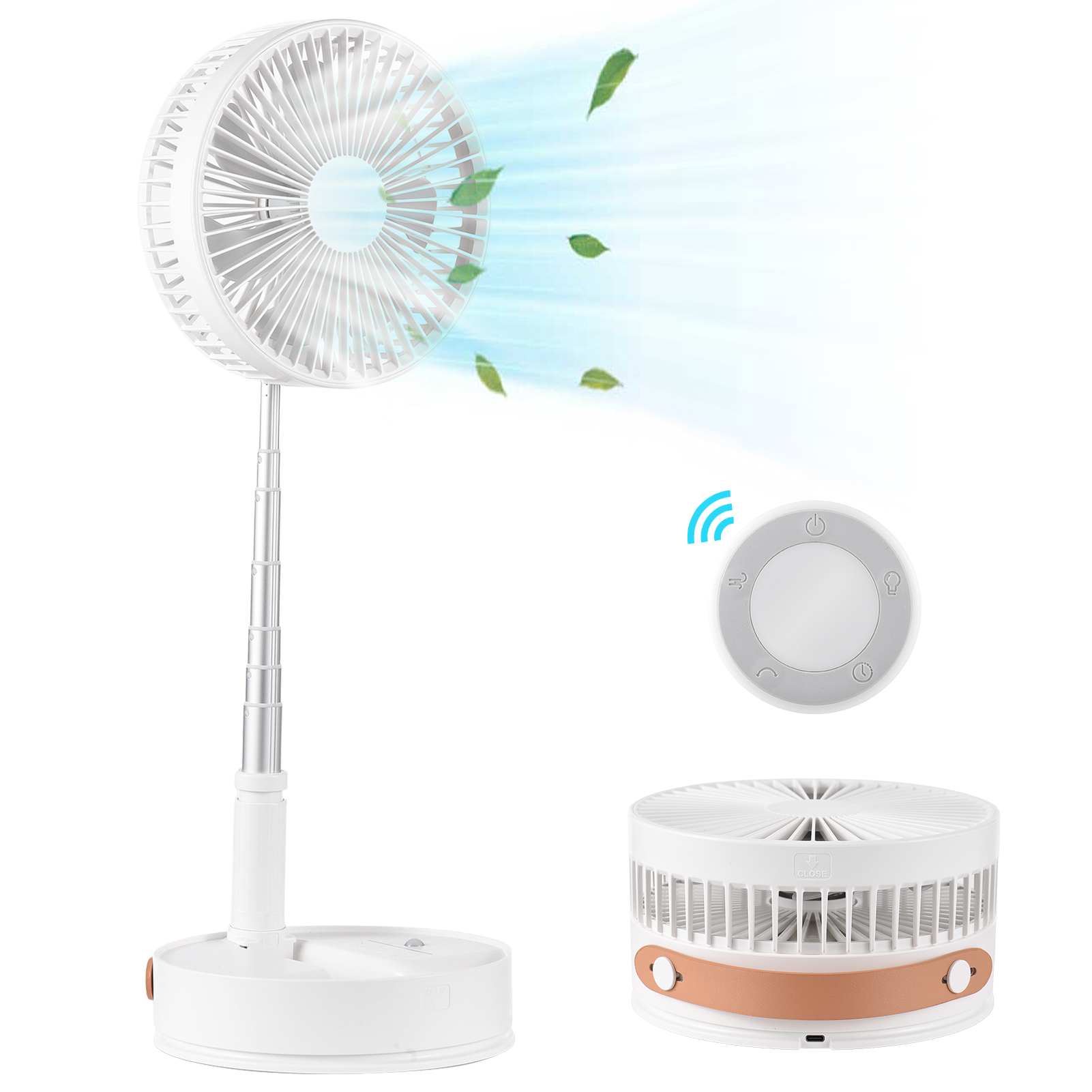 Ventilateur Sur Pied Pliable Oscillant Télescopique, 4 Vitesses, Minuterie, Rotation Arrière 180°, Batterie Rechargeable 7200 Mah, Charge Usb-c, Télécommande, Socle Silencieux