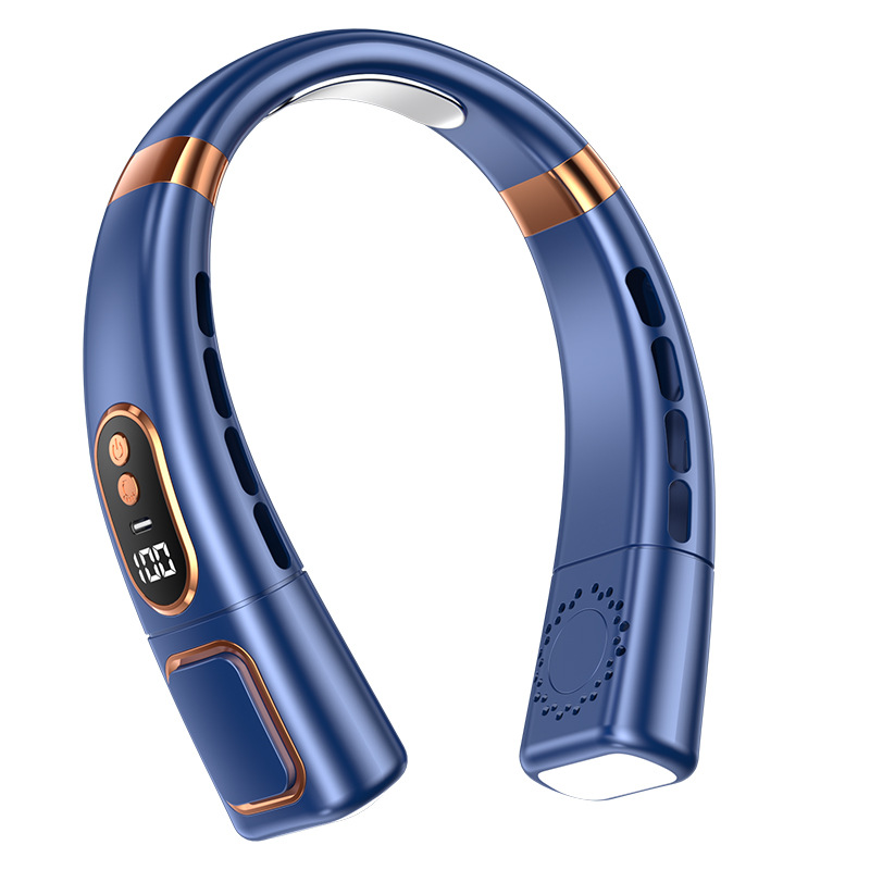 Ventilateur De Cou Sans Pales, Mini En Porcelaine Glacée, Rechargeable Par Usb, Silencieux Et Puissant, Alimentation En Temps Réel + Lumière D'Ambiance Colorée (bleu)