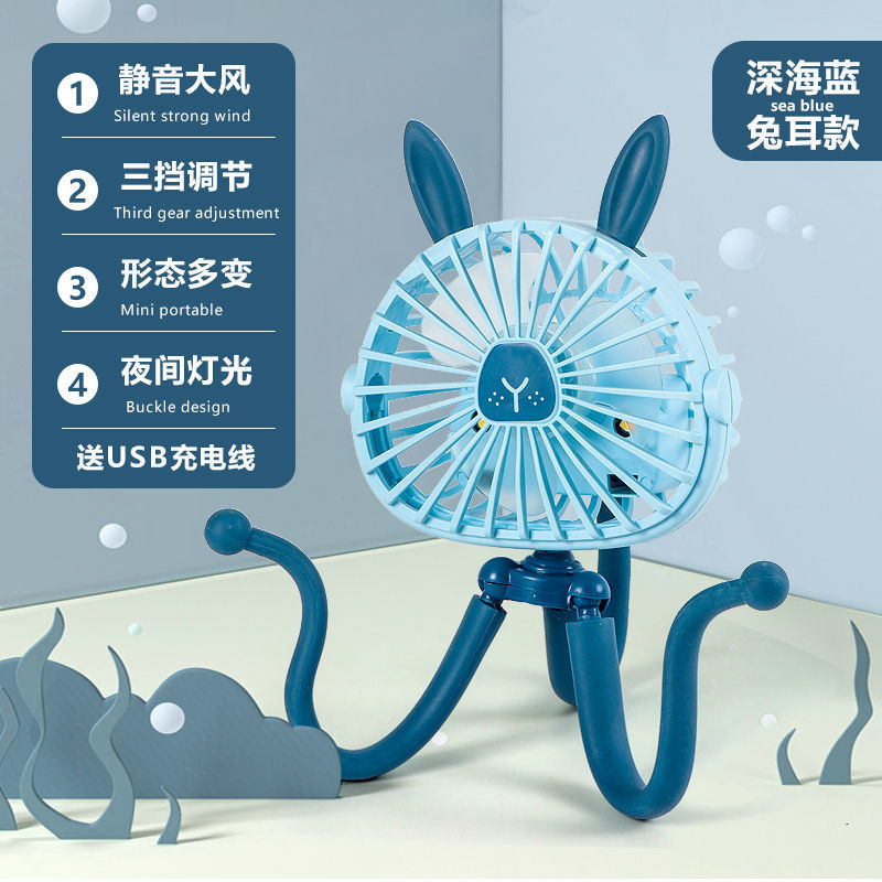 Ventilateur Électrique Portable Silencieux Rechargeable Par Usb, Pour Poussette, Berceau Ou Lit Bébé, Avec Oreilles De Lapin (bleues)