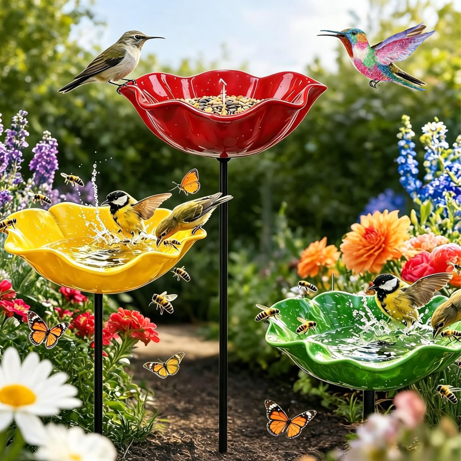 Metall-gartenstecker: Handgefertigtes Vogelbad Mit Blumendekor – Tränke Für Bienen Und Schmetterlinge – Gartendekoration Für Naturliebhaber