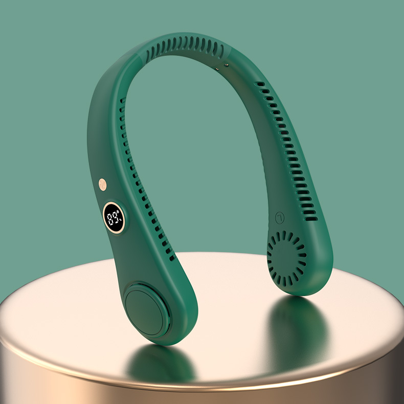 Ventilateur De Cou Silencieux Et Compact Usb Sans Pales, Mini Ventilateur Vert Avec Affichage Numérique, Idéal Pour Les Sports De Plein Air.