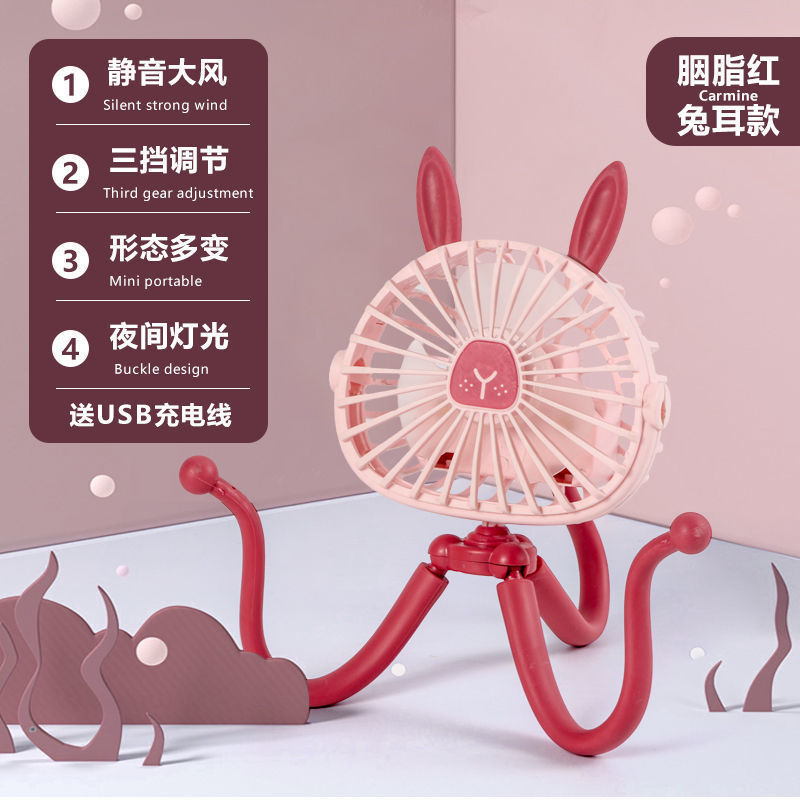 Ventilateur Électrique Portable Silencieux En Forme De Pieuvre, Rechargeable Par Usb, Pour Poussette, Berceau Ou Lit Bébé. Oreilles De Lapin Roses.