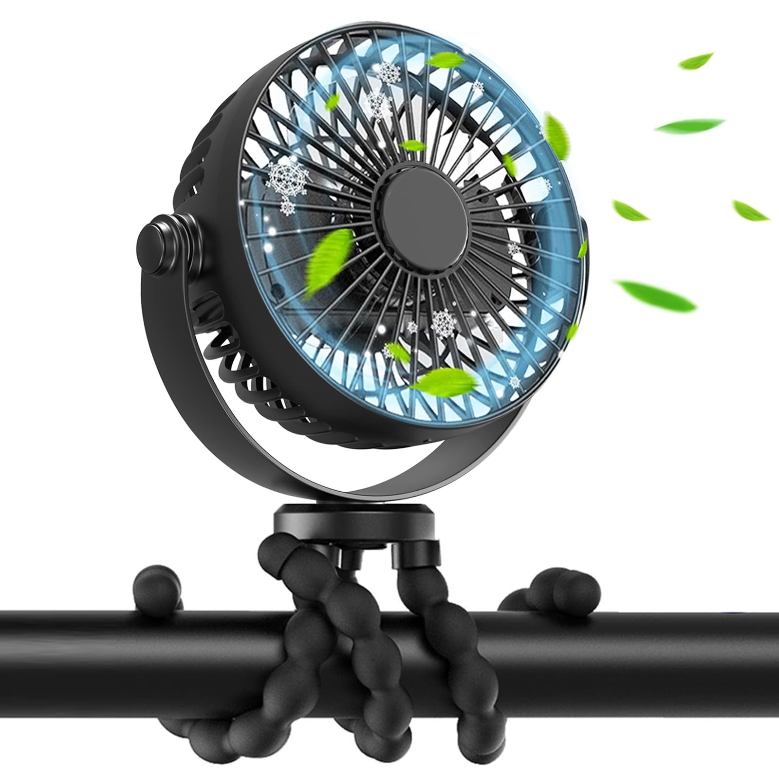 Ventilateur Portable Rechargeable Flexible Sur Trépied Avec Trois Vitesses De Ventilation, Adapté Aux Poussettes, Sièges Auto, Berceaux, Vélos Et Tapis De Course.