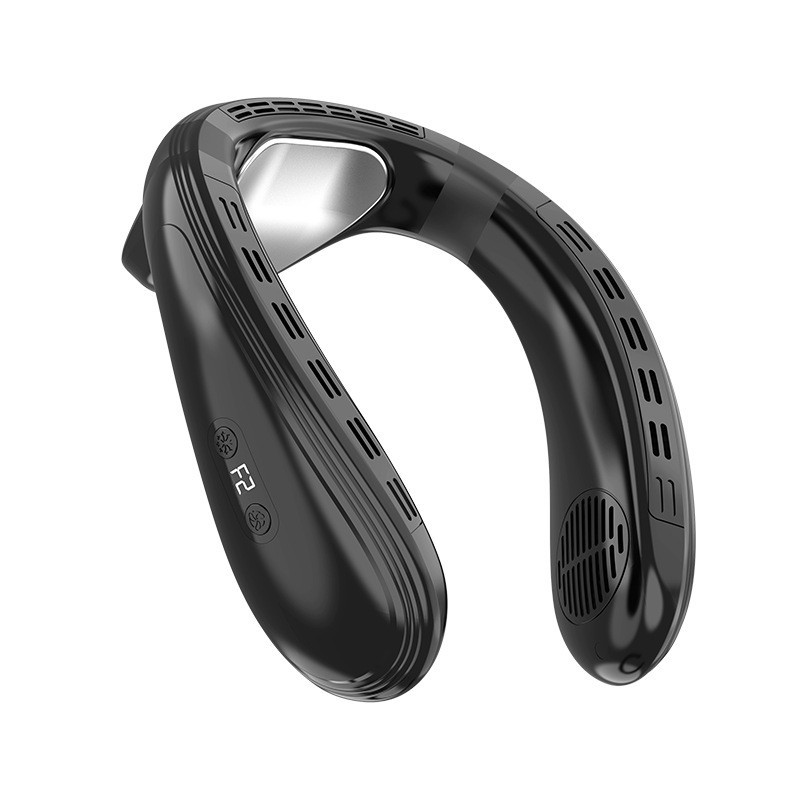 Ventilateur De Cou Portable Usb Mini Grande Capacité 5200 Mah Noir, Sans Pales, Avec Affichage Numérique, Semi-conducteurs Et Fonction Réfrigération.