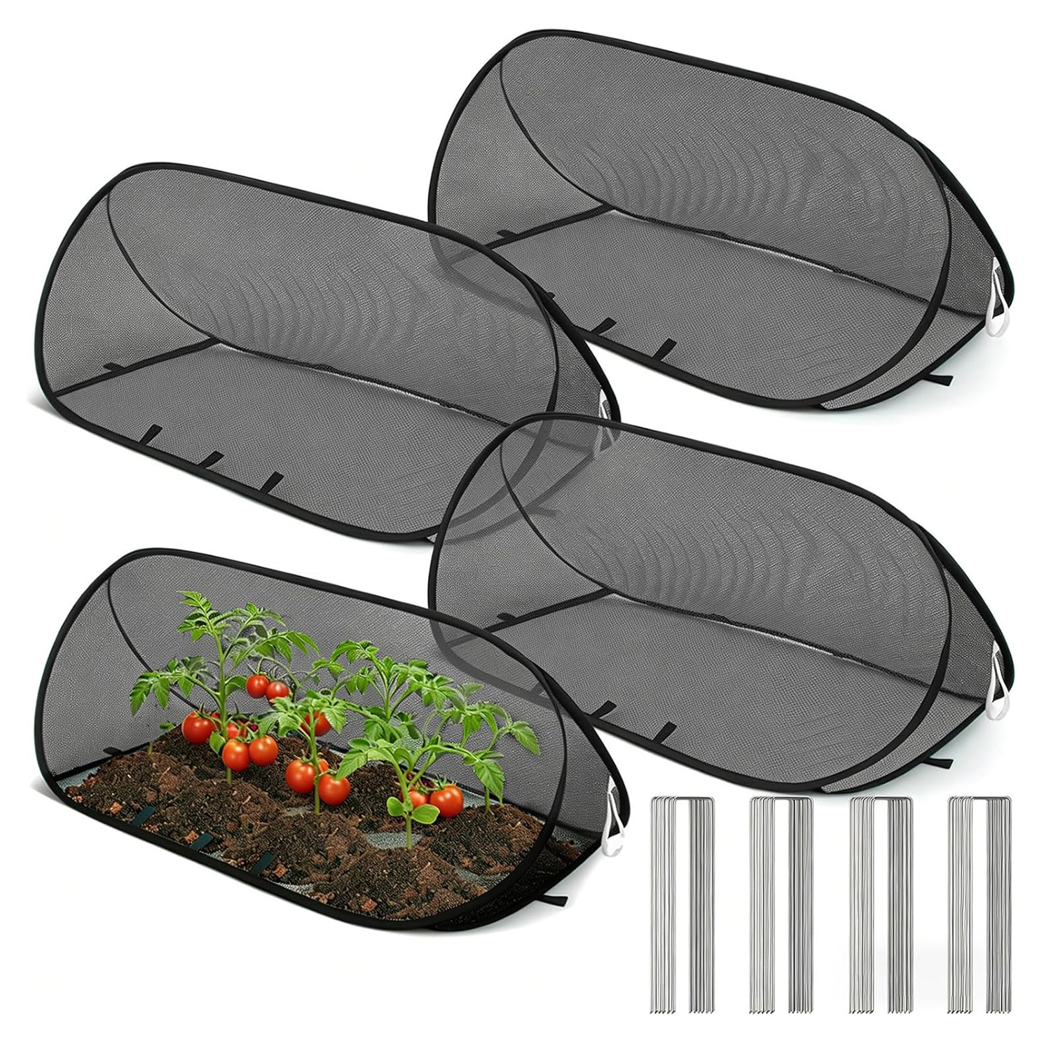 Faltbares Gartennetz Zum Schutz Vor Insekten Und Vögeln, Set Bestehend Aus 4 Planen + 12 Heringen (schwarz)