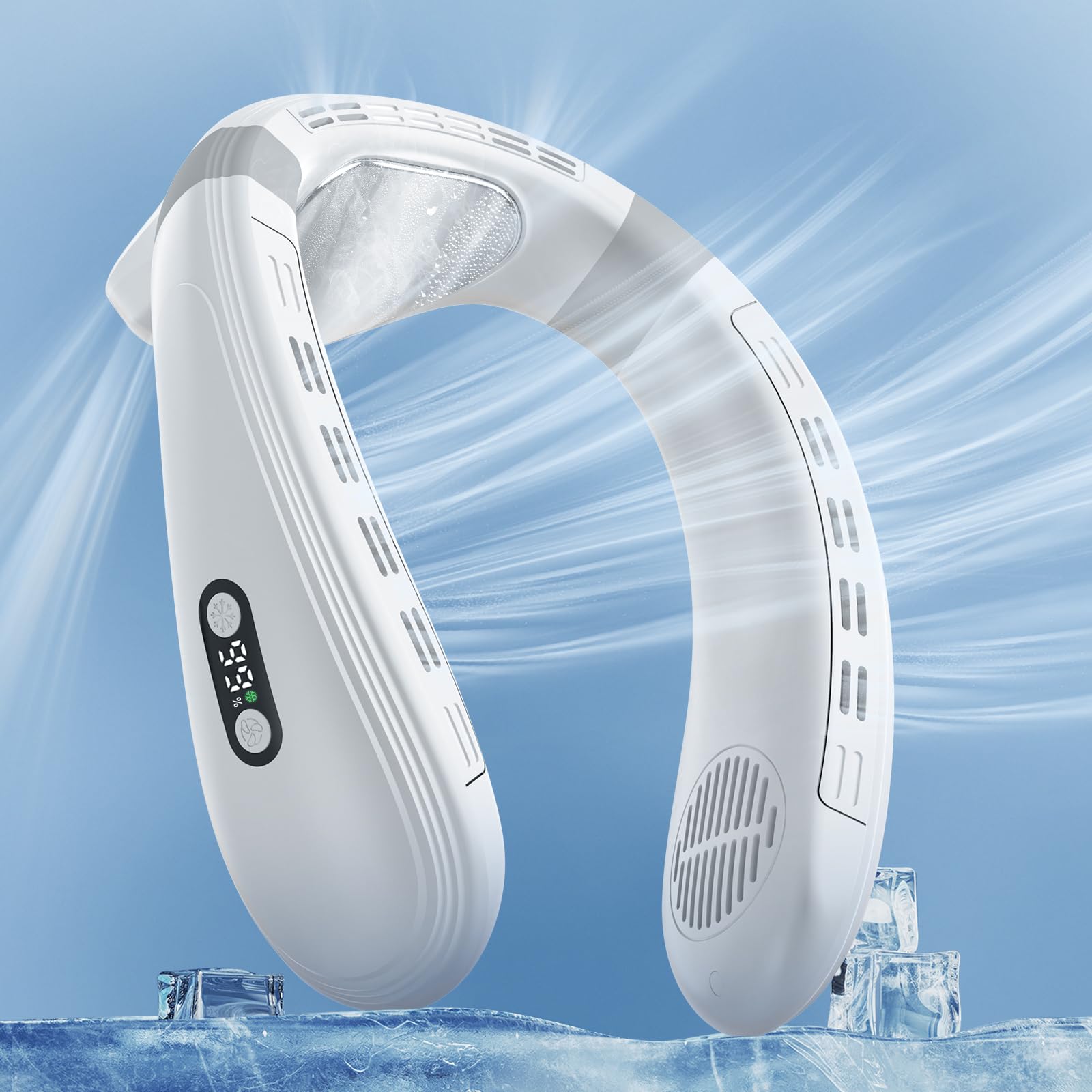 Ventilateur De Cou Sans Pales Avec Refroidissement Par Semi-conducteurs, Affichage Numérique, Port Usb, Batterie 5200 Mah (blanc)