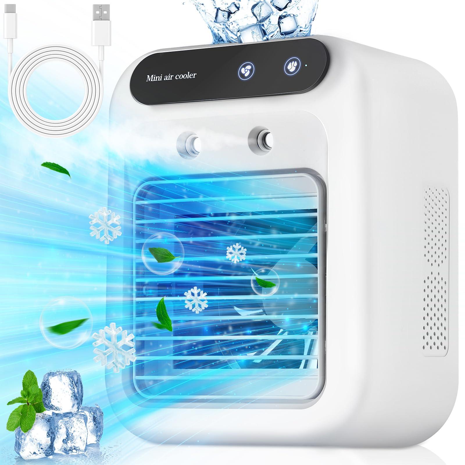 Climatiseur Portable Rechargeable, Deux Ventilateurs De Bureau, Refroidisseur D'Air Personnel Pour Ordinateur, Réservoir D'Eau 500 Ml