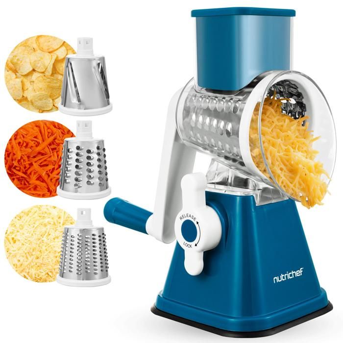 Nutrichef 3-in-1 Trommelreibe Mit Handkurbel, Saugfuß, Blau