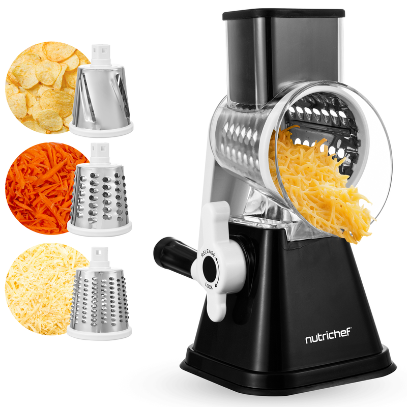 Nutrichef 3-in-1 Trommelreibe Mit Handkurbel, Saugfuß, Schwarz