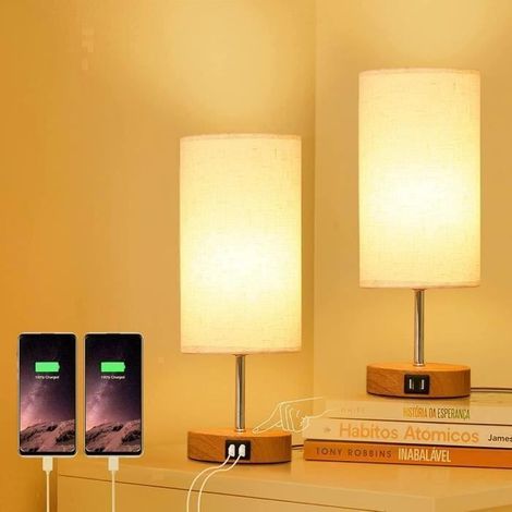 Set Mit 2 Warmweißen Stoff-nachttischlampen – Berührungsempfindliche Nachttischlampe – 3 Helligkeitsstufen – Zwei Usb-a-ladeanschlüsse