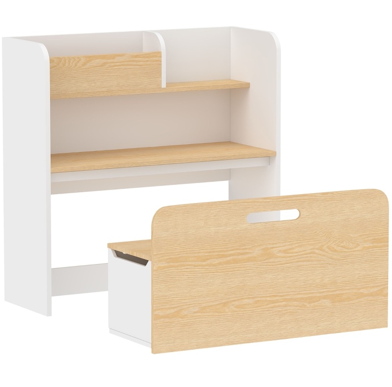 5-in-1 Kindermöbelset Mit Tisch, Rollbank Und Bücherregal Aus Weißem Holzwerkstoff