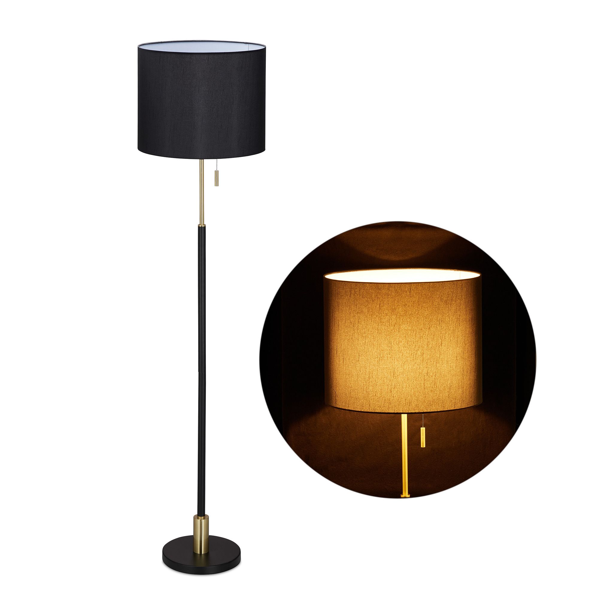 Stehlampe Wohnzimmer, E27, Mit Kabel, Stofflampenschirm Ø40 Cm, Vintage Stehleuchte 163 Cm Hoch, Schwarz-gold - Relaxdays