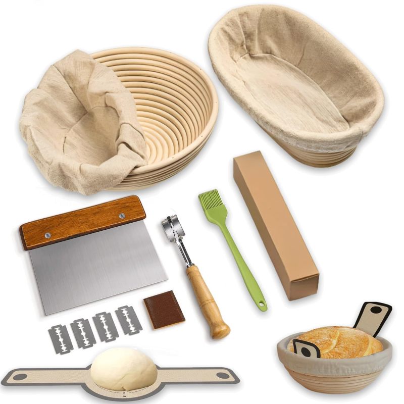 14-teiliges Sauerteigstarter-set Aus Naturrattan (körbe, Leineneinlagen, Dänischer Teigkneter, Teigschneider, Schaber, Sieb, Pinsel) (beige)