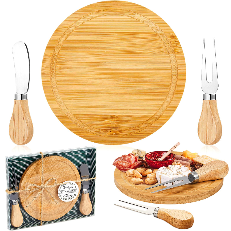 Set Aus 4 Runden, Beigefarbenen Bambusholztellern Für Gekochte Speisen, Käse Und Käse (geschenkbox Inklusive).