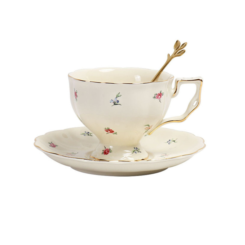 Europäisches Kaffeeservice Mit Blumenmuster, Keramiktasse Und Untertasse, Große Britische Teetasse Mit Goldrand, Französische Restauranttasse Und Untertasse