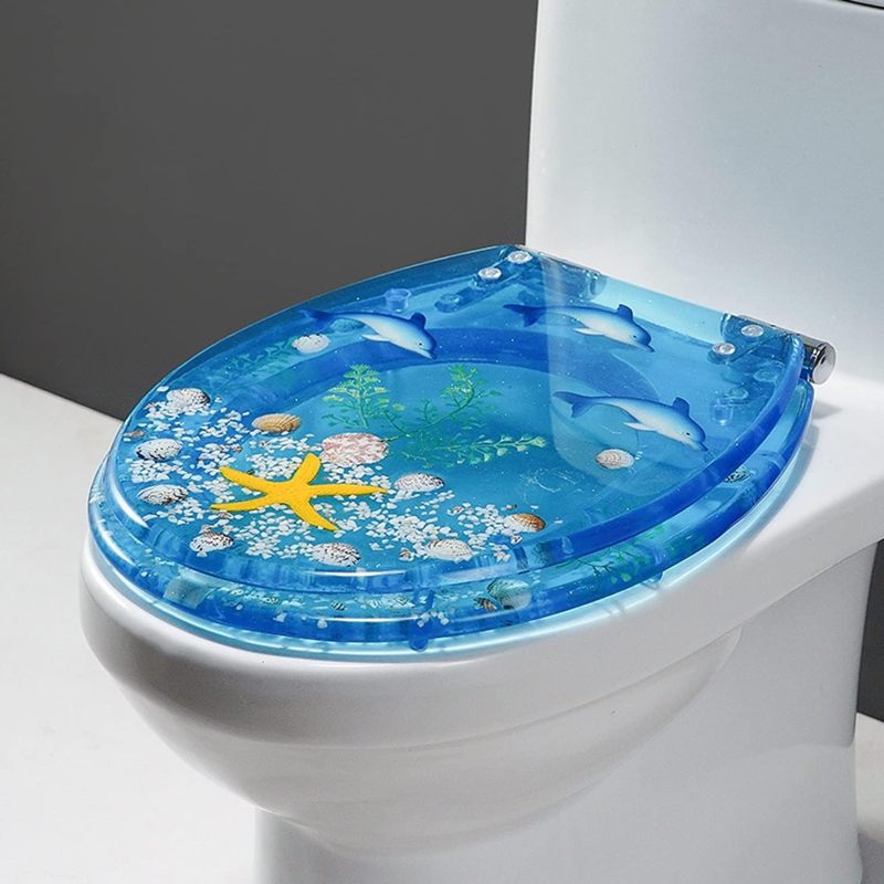 Runder Wc-sitz Aus Transparentem Harz Mit Chromscharnier, Serie 3d Ocean (blau)