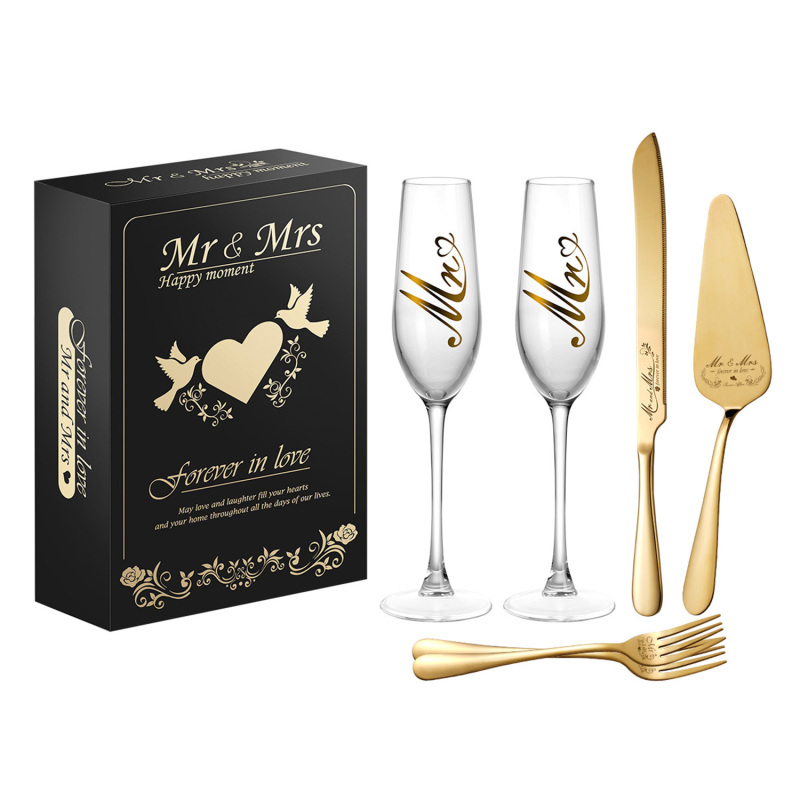 Verlobungsgeschenkset „mr. Und Mrs.“ Aus Edelstahl Mit Champagnerglas Und Tortenheber (gold)