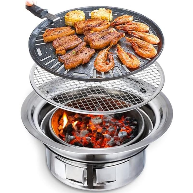 Tragbarer Holzkohlekocher Aus Edelstahl, 35 Cm (13,7 Zoll), 6-teiliges Set, Silberfarben, Ideal Für Familienfeiern Und Camping.