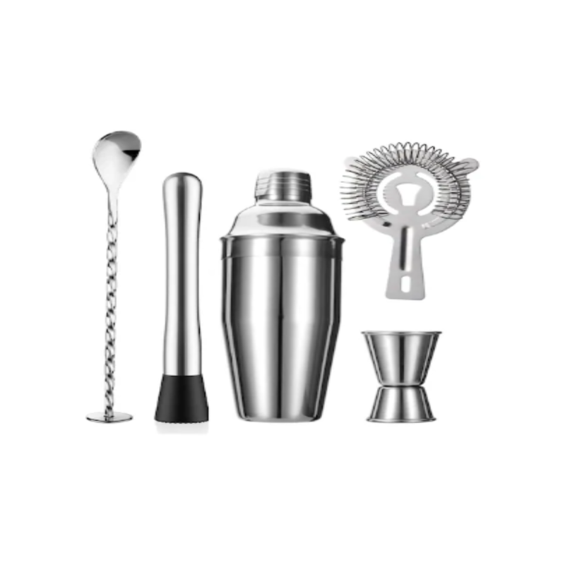 5-teiliges Cocktailset Bestehend Aus Einem Boston-shaker, Einem Mixer Und Edelstahl-utensilien Zur Zubereitung Von Getränken Zu Hause.