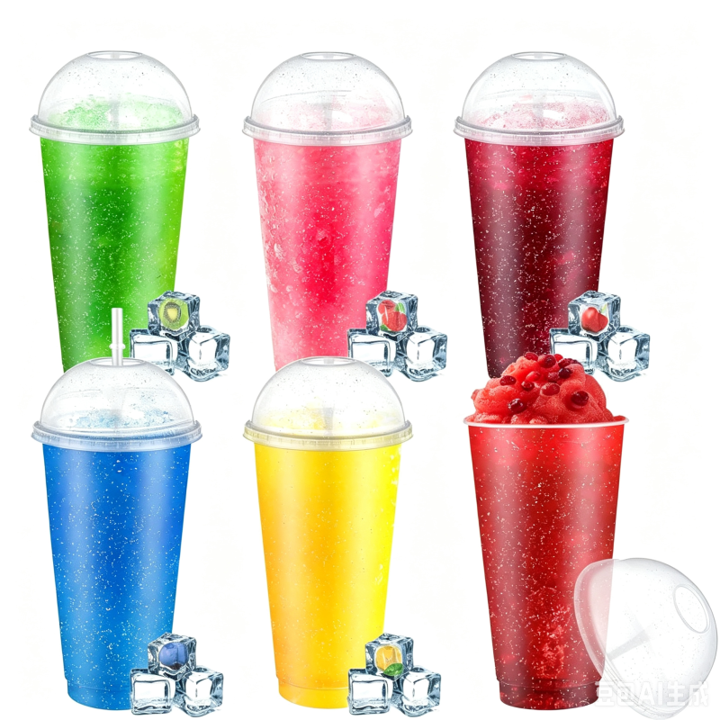 Set Mit 6 Slush-eis-bechern: 710 Ml, Transparente Kunststoffdeckel Mit Abnehmbaren Strohhalm-löffeln – Wiederverwendbare Smoothie-becher Für Sommerpartys Und Geburtstage