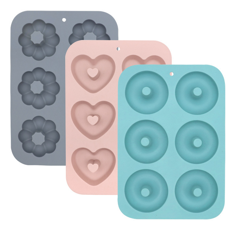 Silikon-donutformen, Herz-/blumen-/kürbis-/rundform (6er-set: Blau/rosa/grau)