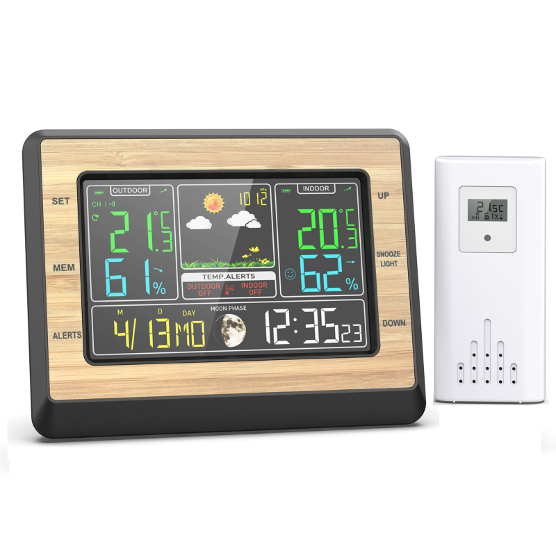 Drahtlose Wetterstation Für Drinnen Und Draußen, Digitales Thermometer Mit 6-zoll-farbdisplay, Wettervorhersage, Temperatur, Luftfeuchtigkeit, Uhrzeit, Datum Und Mondphasen, Temperaturalarm