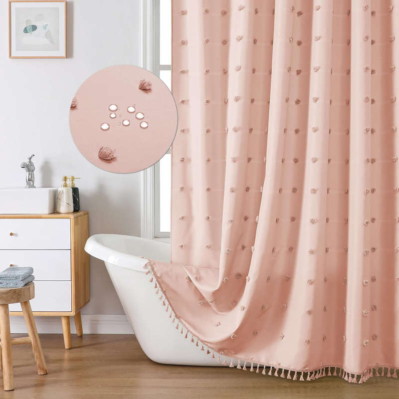 Duschvorhang Aus Böhmischem Stoff, 183 X 198 Cm, Plissiert, Mit Quasten, Klassischer Retro-stil, Rosa.