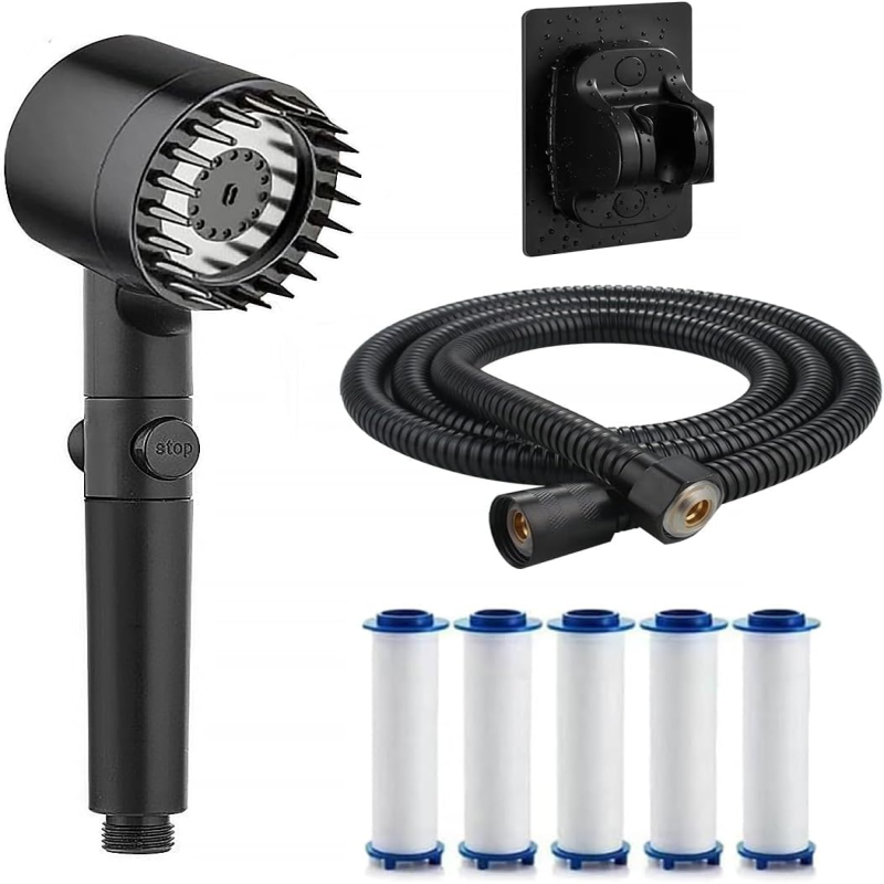 Multifunktionales Handbrauseset Mit Schwarzem Filter (einschließlich Eines 1,5 M Langen Edelstahl-schlauchs, 5 Filterelementen Und Einer Nicht Porösen Basis, Vier Geschwindigkeitsstufen)
