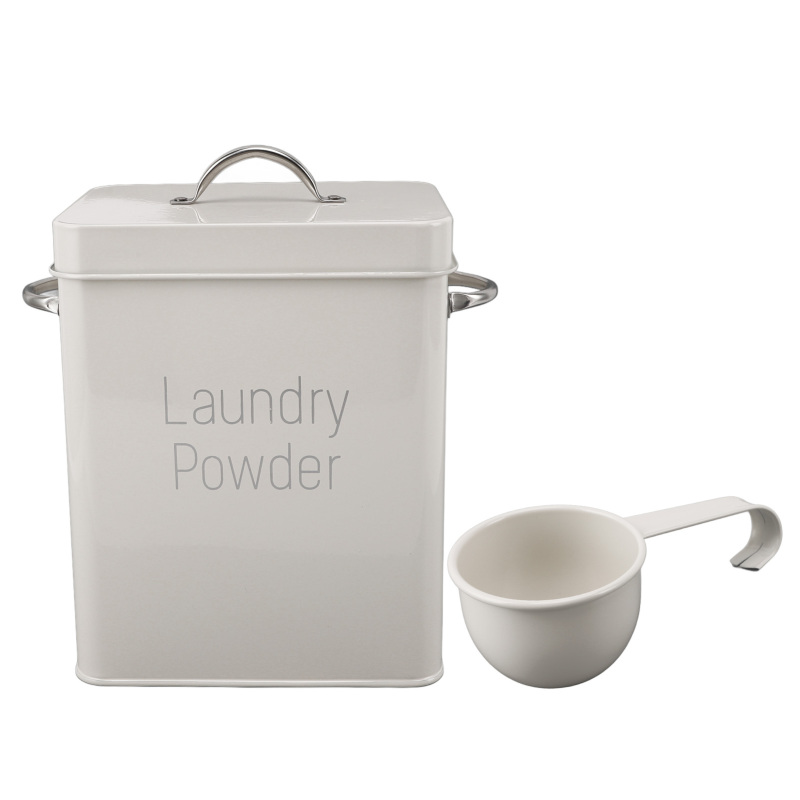 Wäschebehälter Aus Metall Mit Doppelseitigem Griff Und Löffeldeckel Im Landhausstil, Für Waschpulver, Reis, Hundefutter, Milch Und Weiße Wäsche.