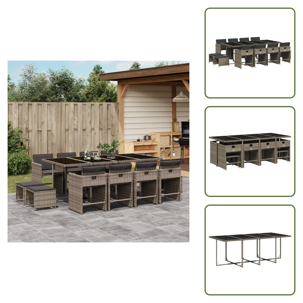 The Living Store 13-tlg. Garten-essgruppe Mit Kissen Grau Poly Rattan - Gartenmöbel Set - Gartentisch - Gartenstühle - Gartenhocker - Rattan Möbel