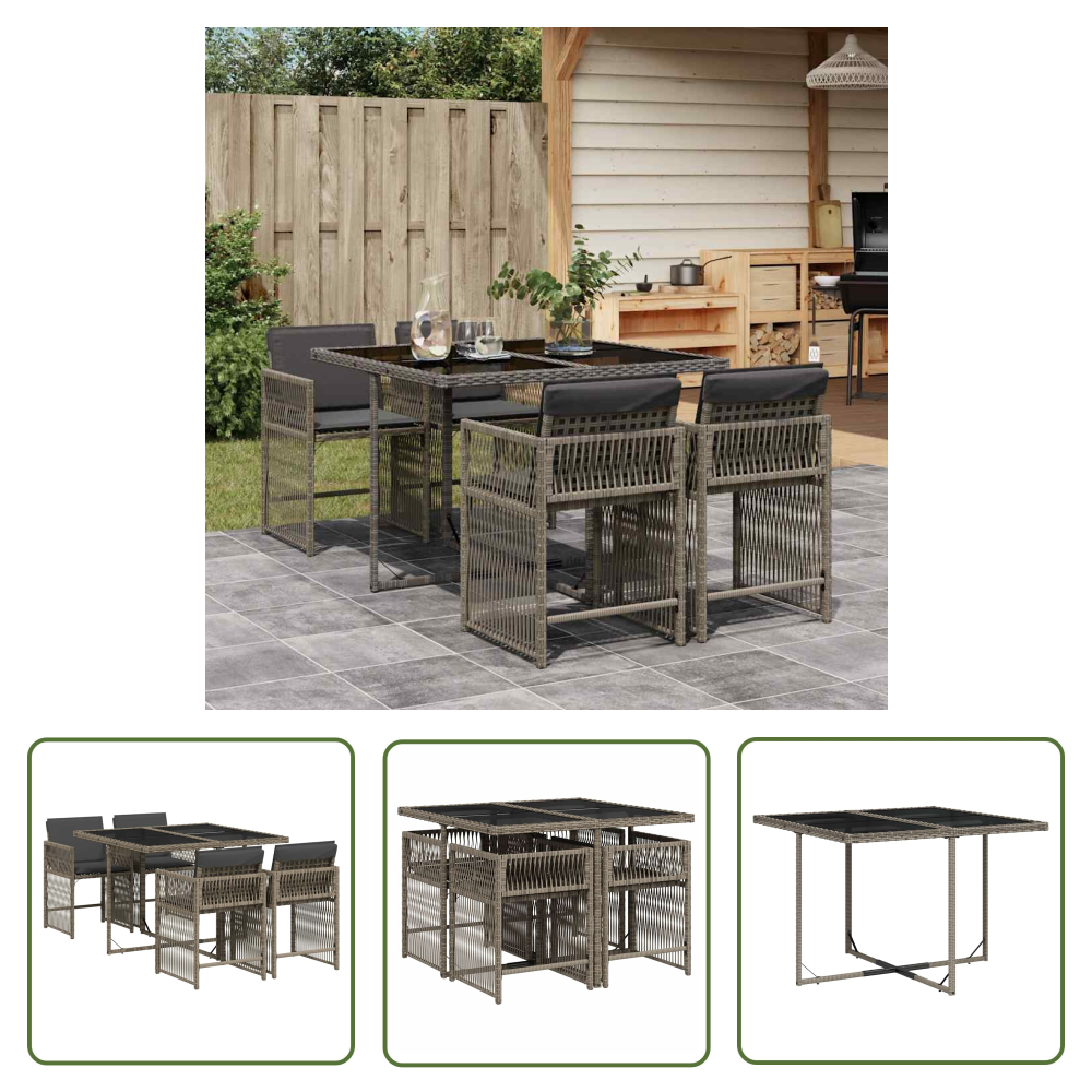 The Living Store 5-tlg. Garten-essgruppe Mit Kissen Grau Poly Rattan - Gartentisch - Gartenmöbel - Essgruppe - Outdoor Möbel - Terrassenmöbel