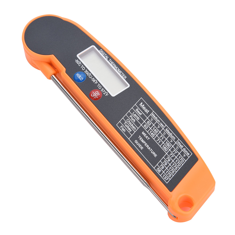 Digitales Lcd-lebensmittelthermometer Mit Klappbarer Sonde Für Küche, Grill Und Bbq, Schwarz Und Orange