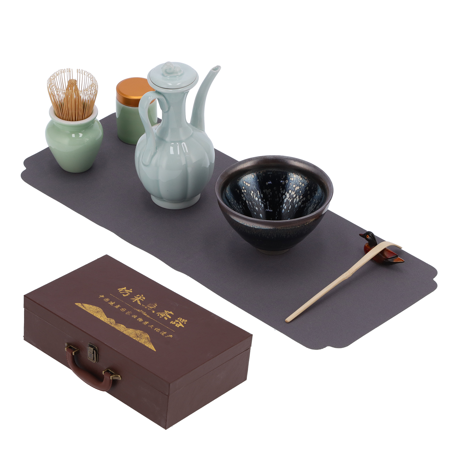Matcha-zeremonie-set Aus Keramik Und Bambus: Schale, Schneebesen, Ständer, Teedose, Schöpfkelle, Untertasse, Ente, Kessel, Geschenkbox, Öltropfen-stil