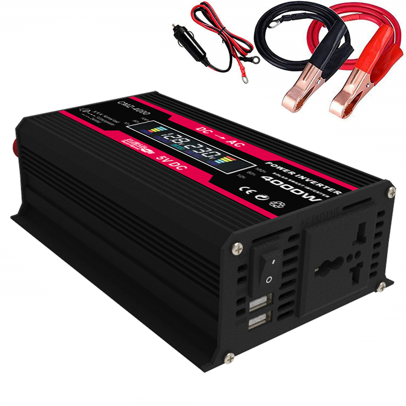 Modifizierter Sinus-wechselrichter, 4000 W Spitzenleistung, 300 W Nennleistung, 12 V Dc Auf 220 V Ac, Mit Led-anzeige, Kfz-ladegerät, 2 Usb-anschlüssen Und Netzsteckdose