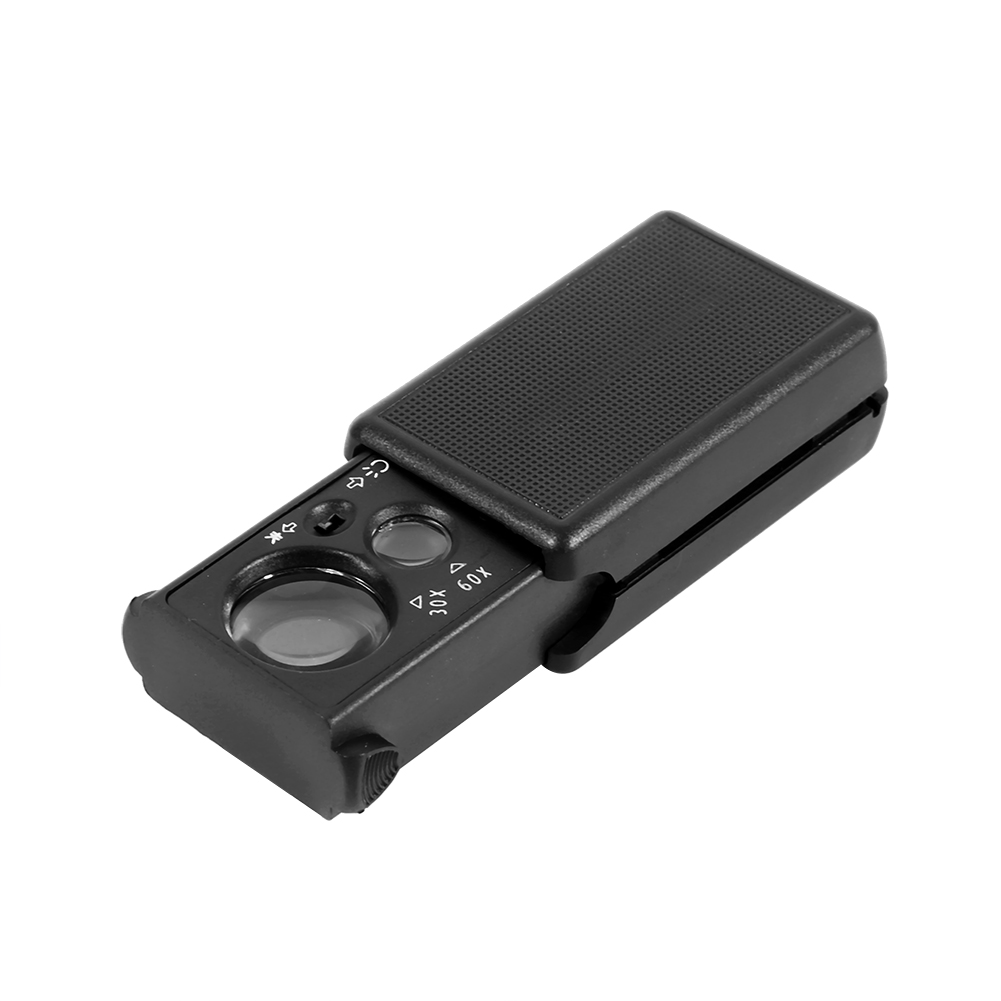 Mini-taschenlupe Für Schmuck, 30-fache/60-fache Vergrößerung, Mit Doppellinse, Zugglas Und Led-beleuchtung (schwarz)