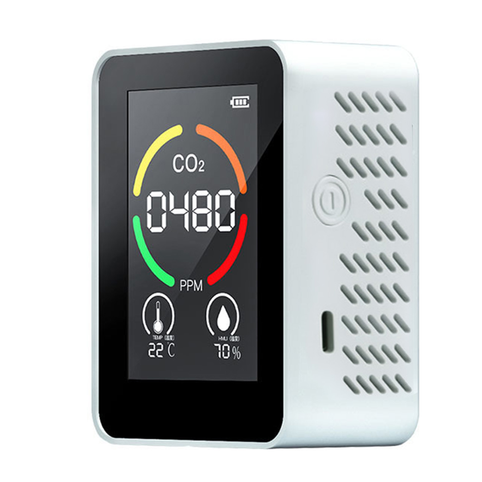 Raumluftqualitätsdetektor Mit Sensoren Für Co₂, Kohlenmonoxid Und Kohlendioxid Temperatur- Und Feuchtigkeitssensor Digitales Led- Und Lcd-display Wiederaufladbarer 1200-mah-akku (typ C).