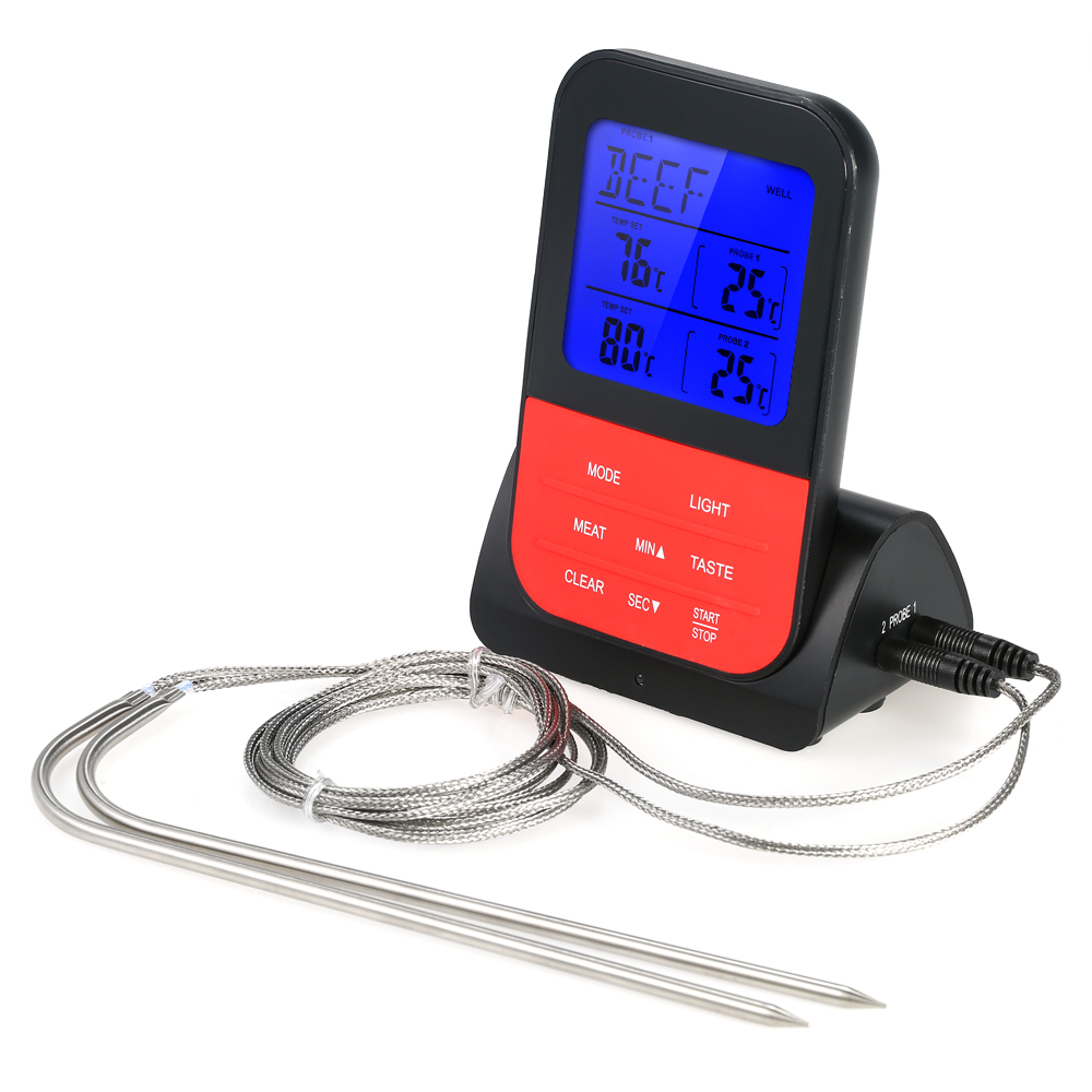 Digitales, Kabelloses Fleischthermometer Für Den Grill Mit Sofortanzeige, Hintergrundbeleuchtetem Lcd-display, Garzeitschaltuhr, 2 Edelstahlfühlern Und Sender