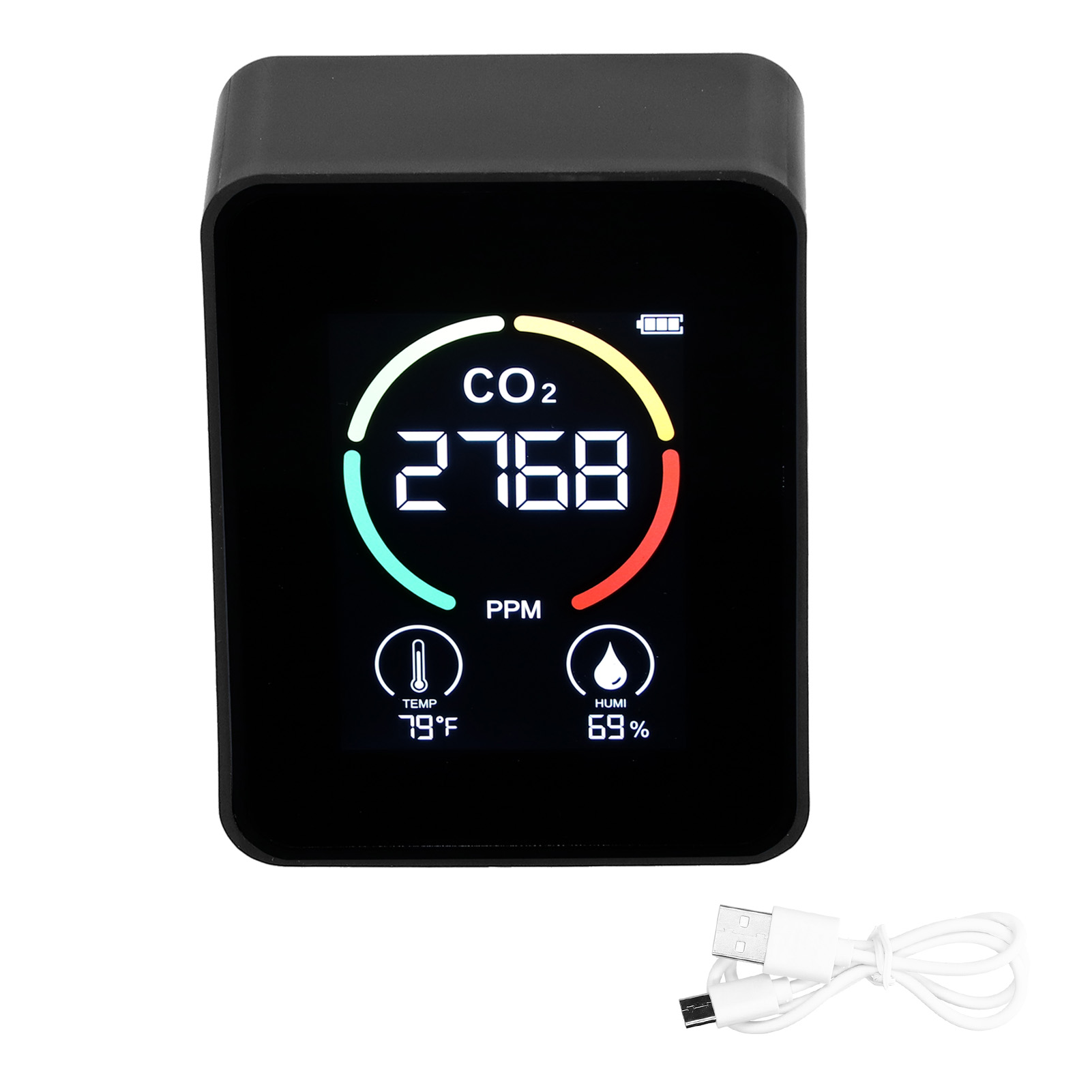 Wiederaufladbarer, Per Usb Aufladbarer Festkörper-co2-detektor Mit Lcd-bildschirm, Temperatur-, Feuchtigkeits- Und Luftqualitätsanalysator – Schwarz