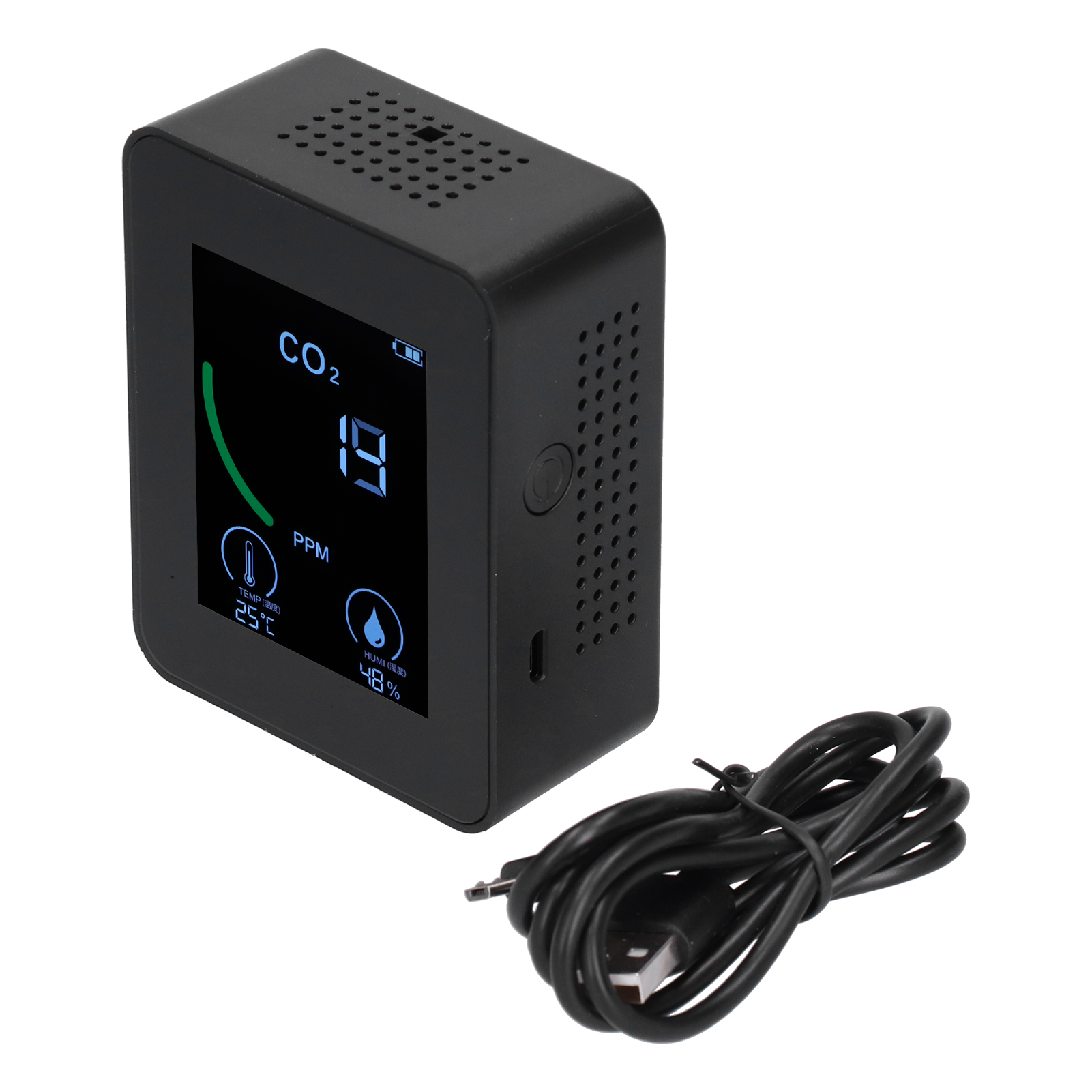 Luftqualitätsmessgerät, Co₂-monitor, Temperatur-, Feuchtigkeits- Und Tvoc-messung, Farbbildschirm, Usb-anschluss, Schwarzes Abs-gehäuse, 8,9 X 7 X 3,5 Cm, 200 G, Inklusive 1500-mah-akku