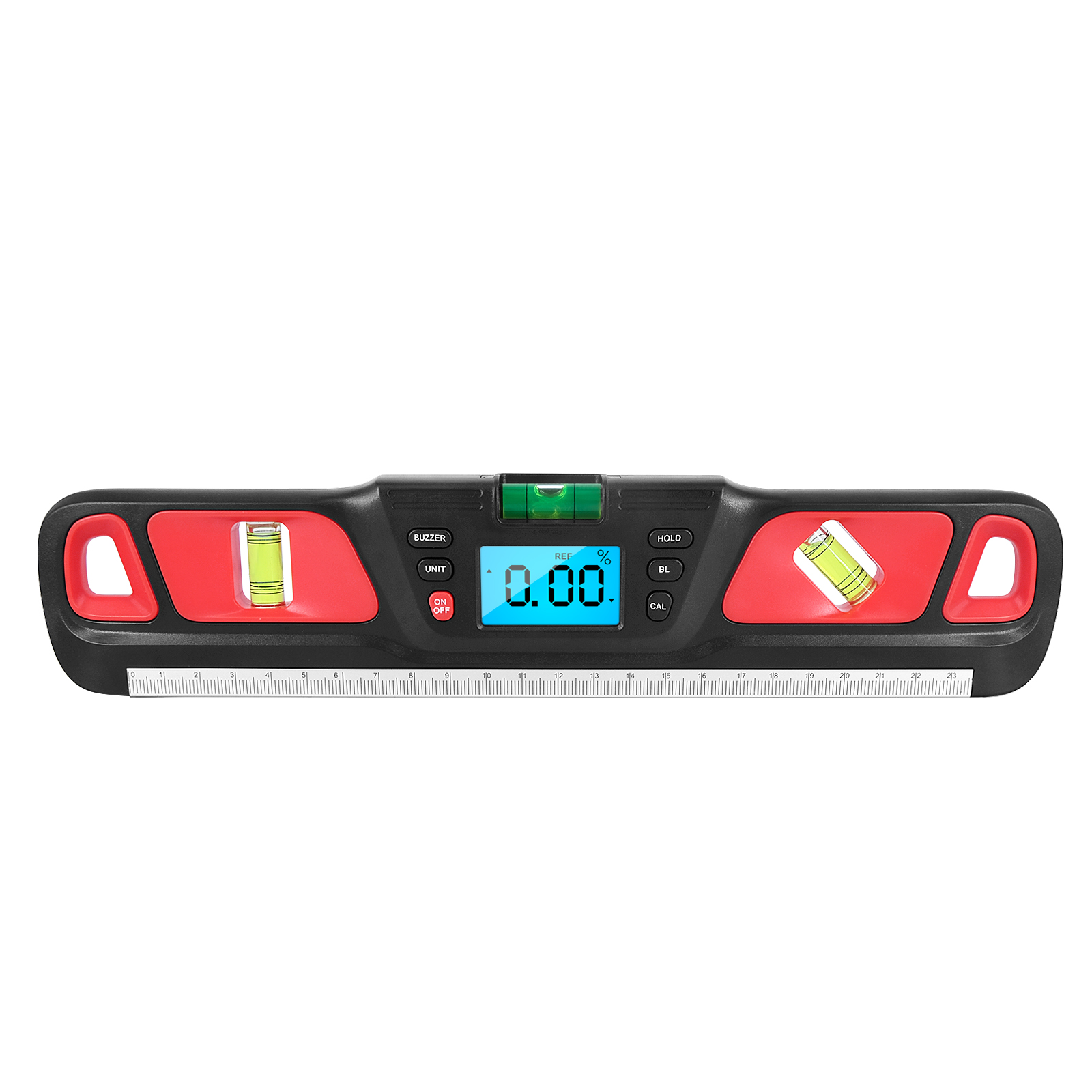Hw-200 Digitale Wasserwaage Mit Winkelmesser, Multifunktional, Elektronisch, Neigungsmessung, Abs-gehäuse, 28,6 X 5,9 X 2 Cm, Rot/gelb/cyan, 4 X 90°, ±0,1°, 0,05°, 2 Aaa-batterien Nicht Enthalten