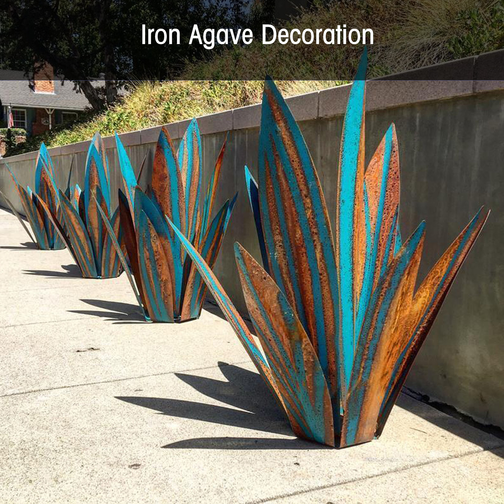 Dekoration Einer Agave Aus Blauem Eisenmetall Mit 9 Blättern Für Den Innen-, Außenbereich, Garten Und Balkon.
