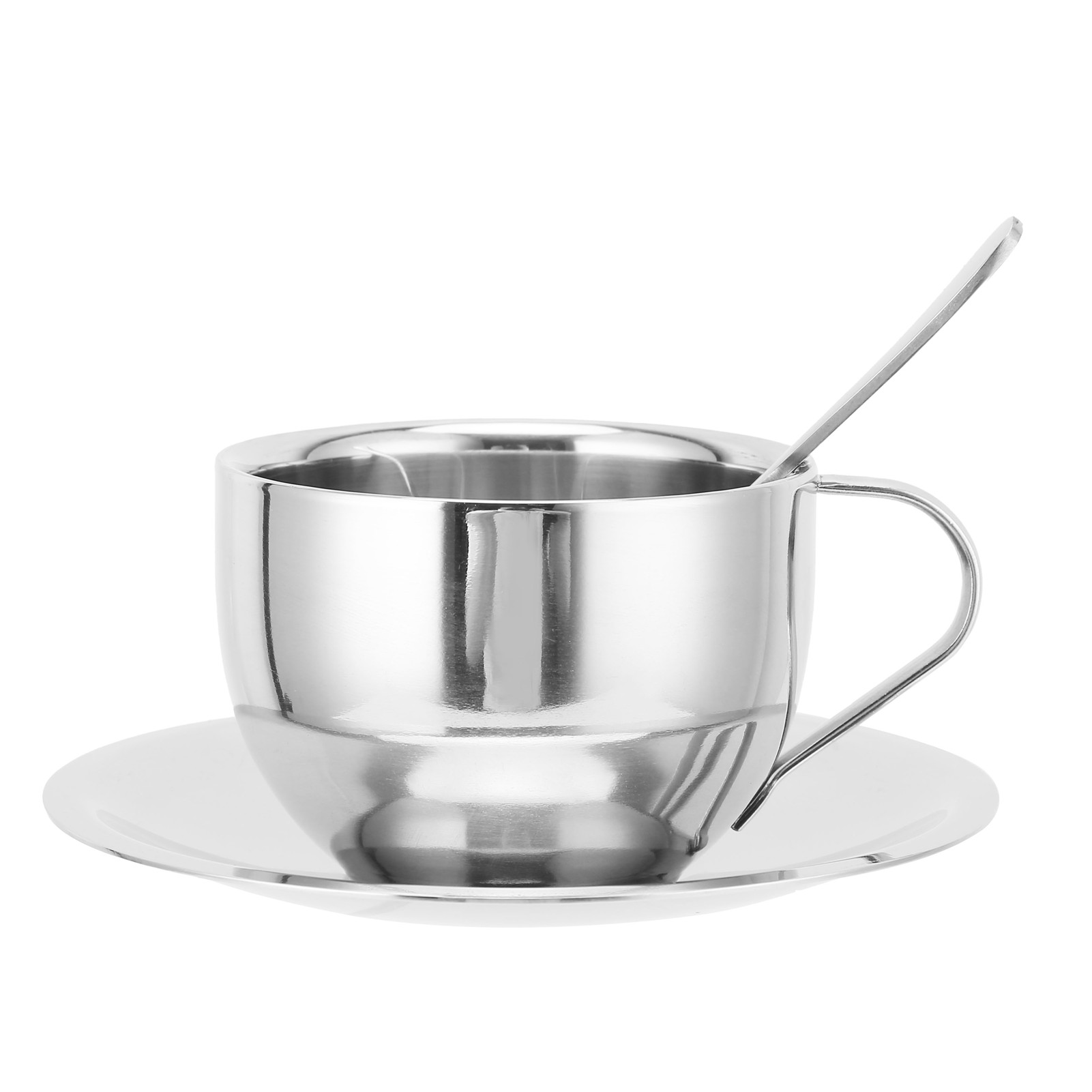 Doppelwandiger, Isolierter Kaffeebecher Aus Edelstahl 304 Mit Löffel Und Untertasse, Silbernes Hausset, 180 Ml