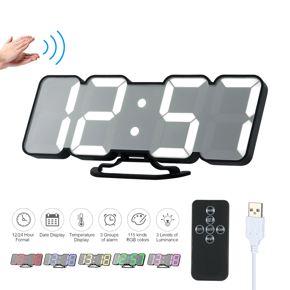 Kabelloser 3d-rgb-led-digitalwecker Mit Fernbedienung, Usb-stromversorgung, Anzeige Von Uhrzeit, Temperatur Und Datum, 115 Wechselnden Farben, 3 Helligkeitsstufen, Tonsteuerung, Wand- Oder Tischuhr –