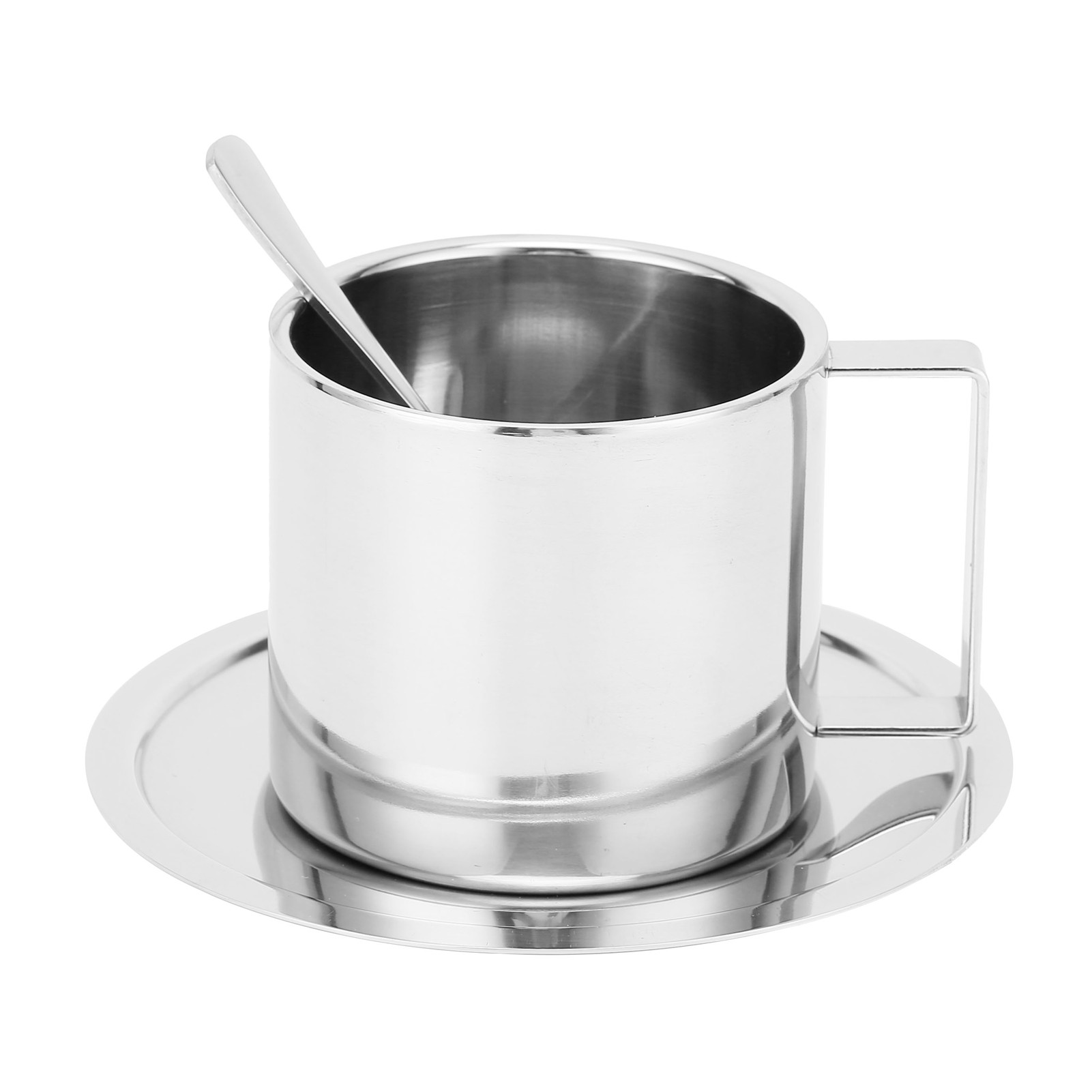 Doppelwandiger, Isolierter Kaffeebecher Aus Edelstahl 304 Mit Löffel Und Untertasse (silber, 280 Ml)